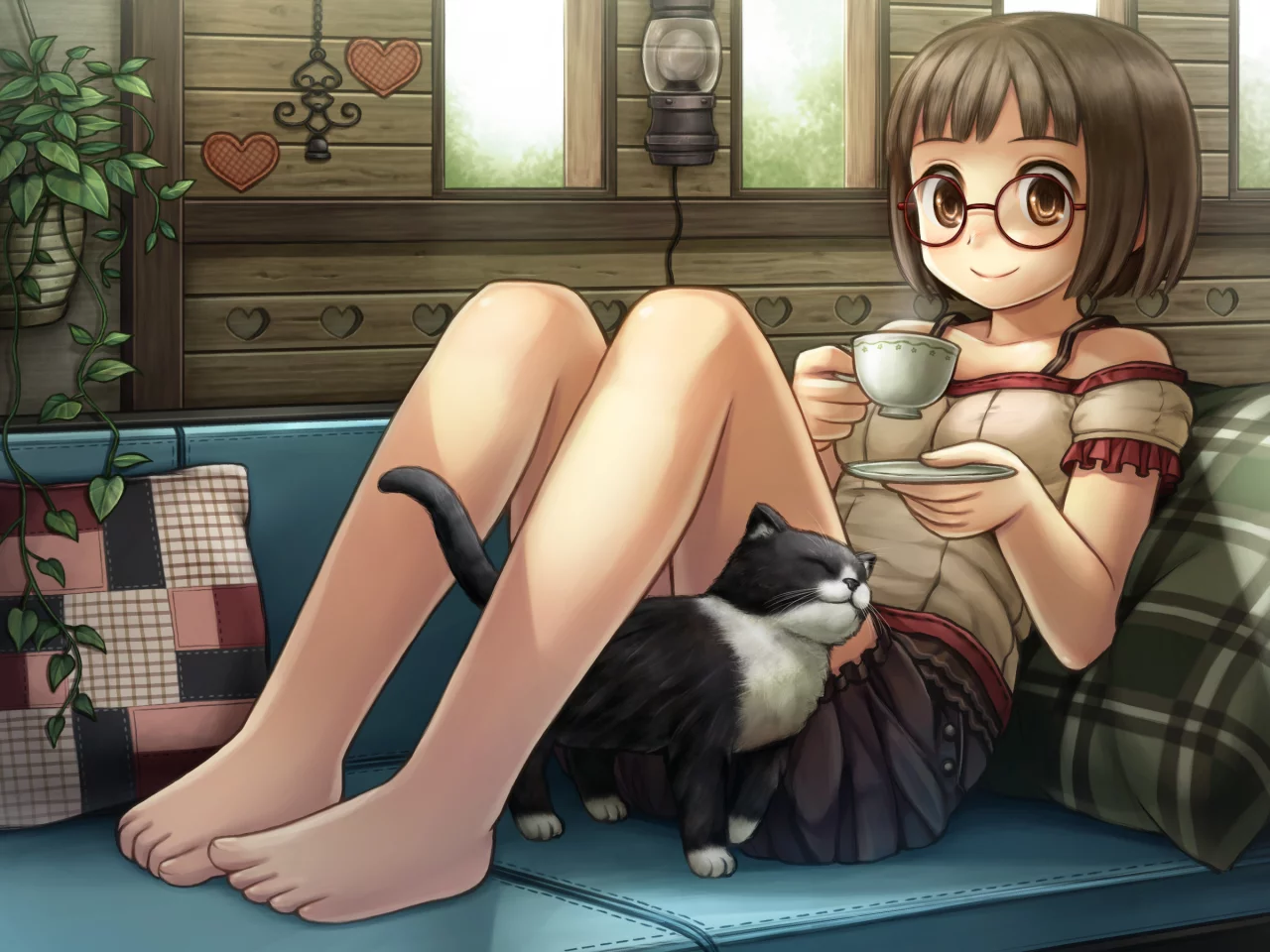 namaru, чай, кошка, диван, кружка, кот, девочка, фонарь, арт