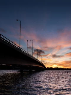море, мост, город, природа, вода, река, волны, солнце