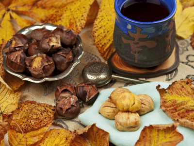 чай, иероглиф, ситечко, листья, каштаны, осень