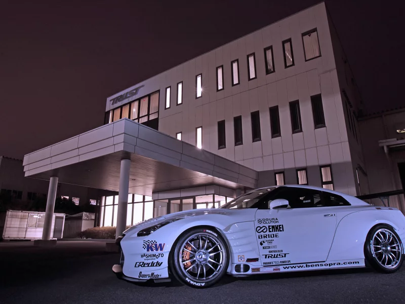 Город, ночь, здание, асфальт, машина, Nissan GTR R35