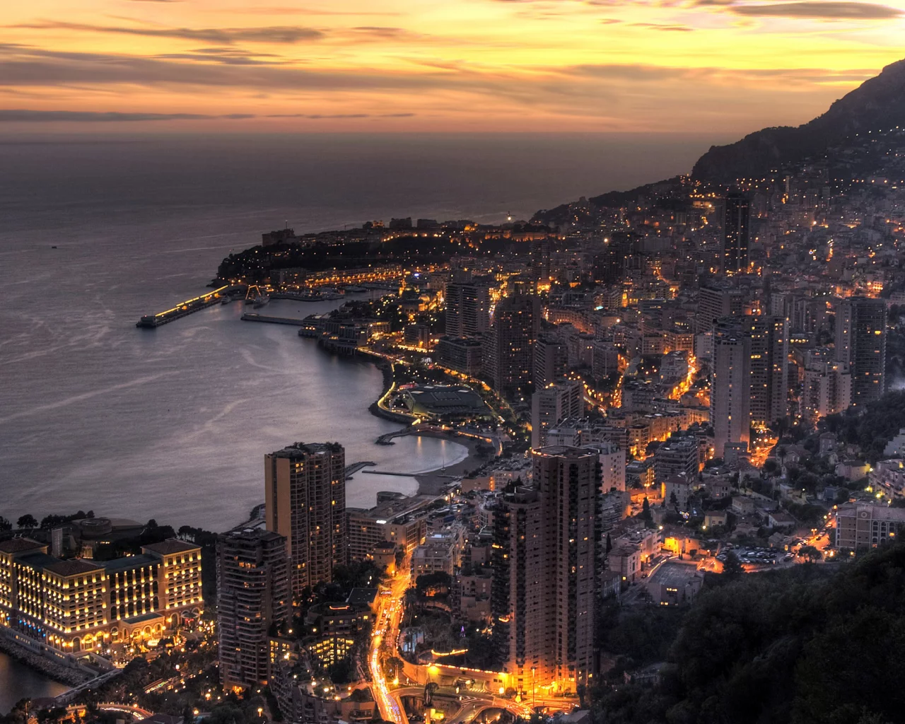 Монте Карло, Княжество Монако, город, Средиземное море, закат, Monte Carlo, Principaute de Monaco