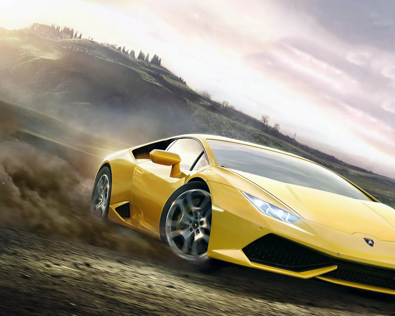 Небо, горы, поле, машина, Lamborgini, пыль, игра.