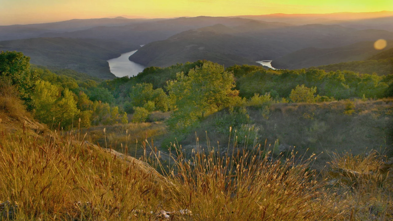 Родопи, Болгария, горы, деревья, лес, небо, природа, пейзаж, река, восход
