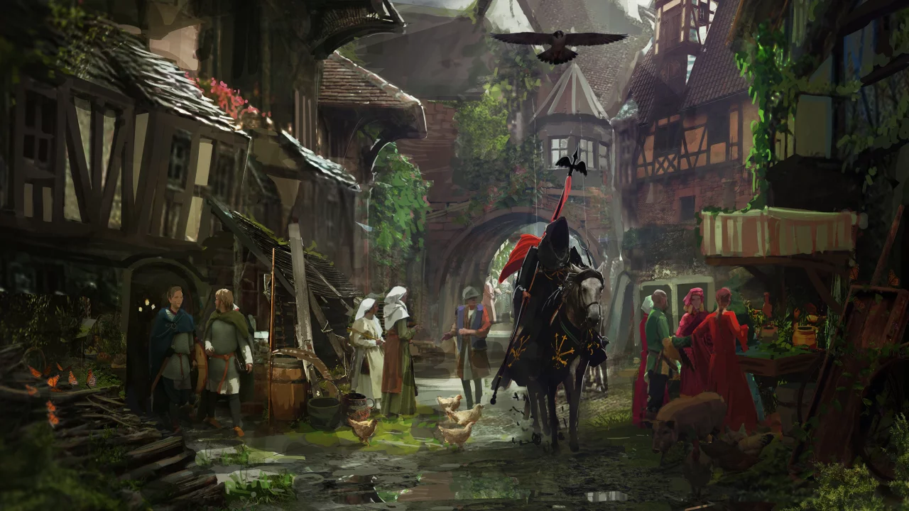 город, medieval town, middle ages, средневековье, knight, улица, horse