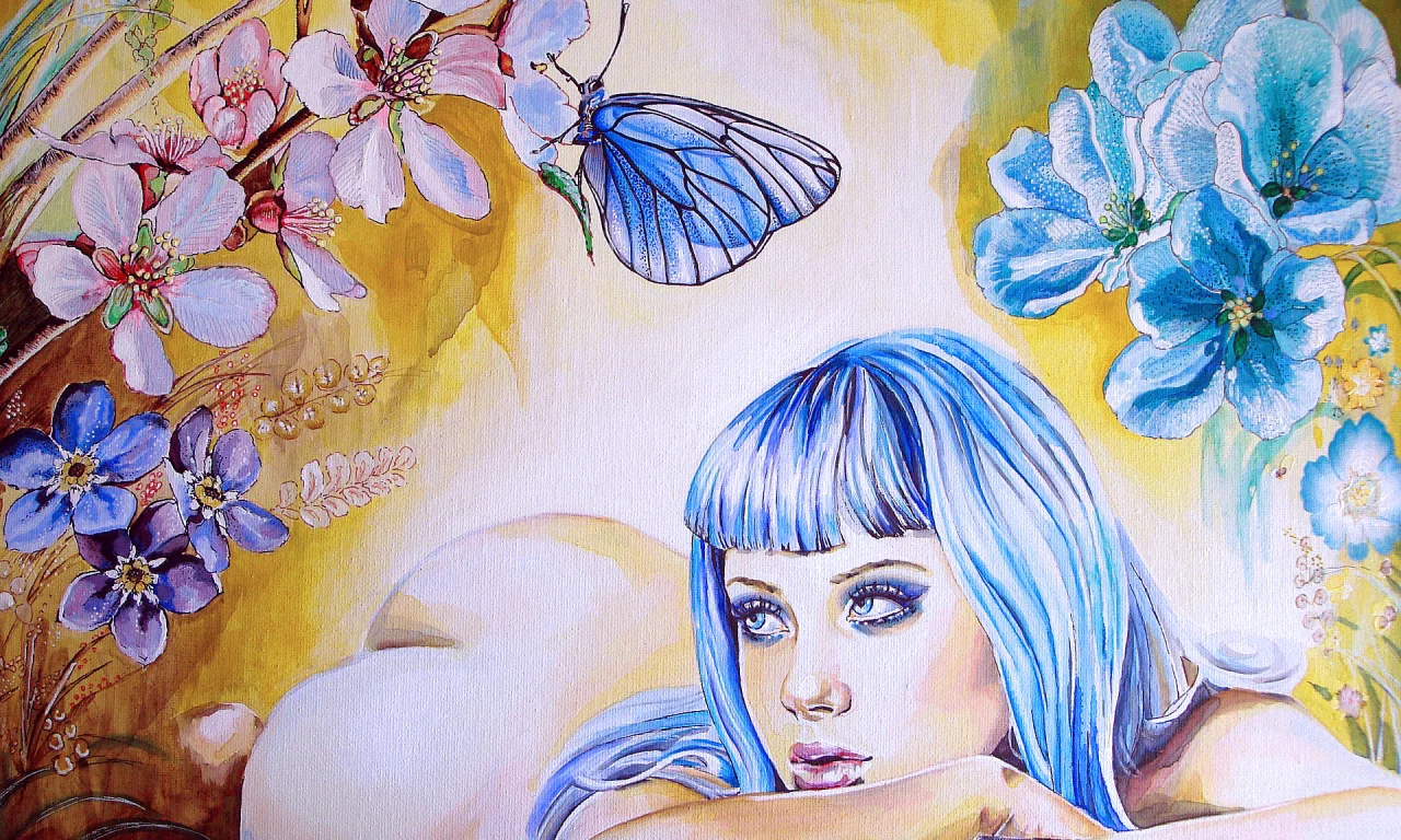 Девушка, Мальвина, цветы, бабочки, рисунок.