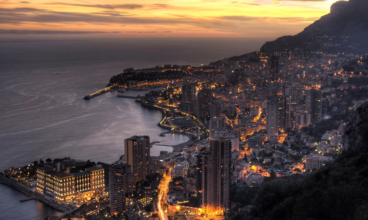 Монте Карло, Княжество Монако, город, Средиземное море, закат, Monte Carlo, Principaute de Monaco