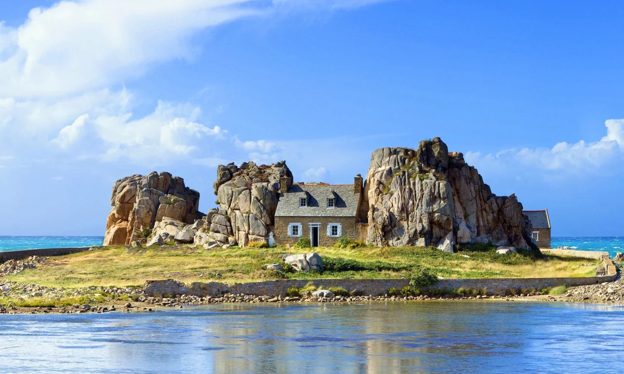 остров, рай, море, скалы, домик, небо