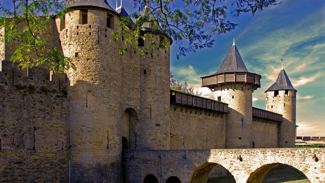 Каркасон, Лангедок-Руссильон, Франция, крепость, замок, небо, мост, Carcassonne, France, castle