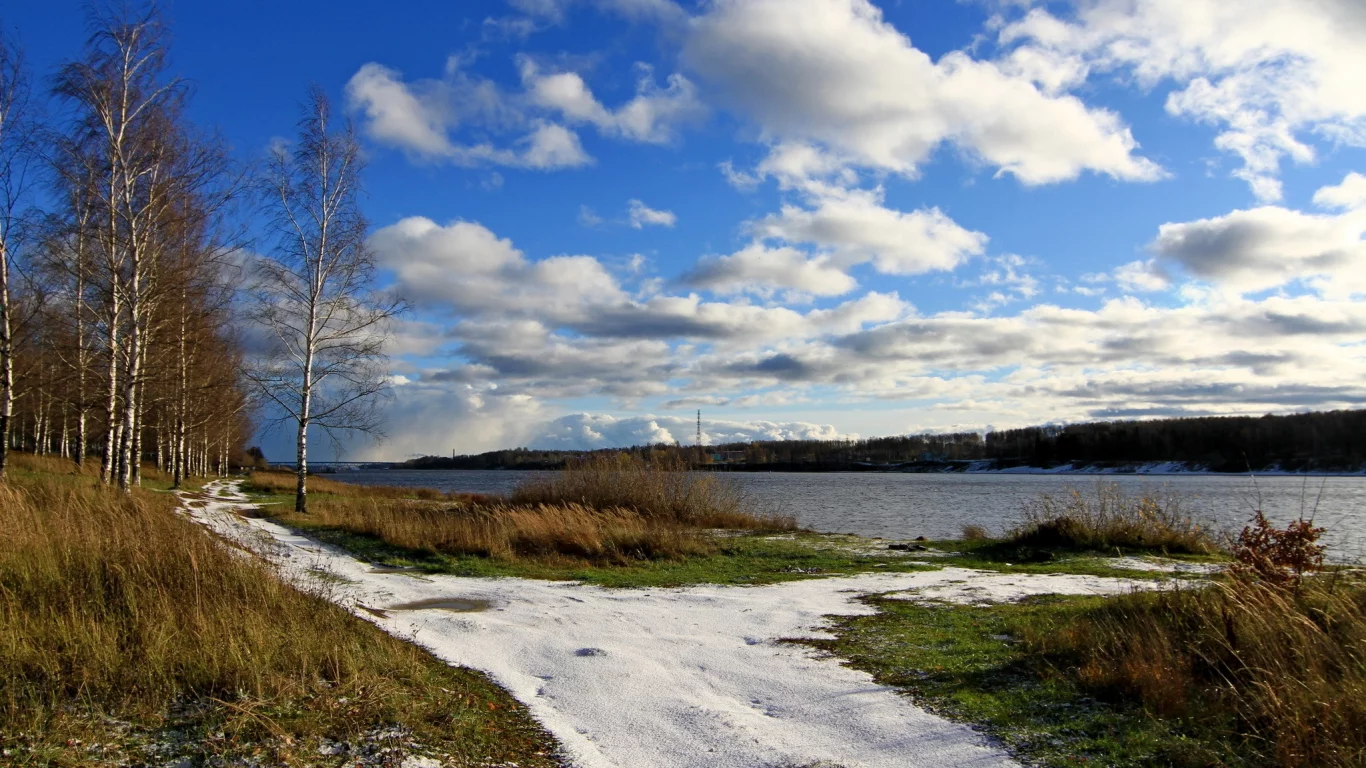 березы, весна, небо, облака, трава, снег, река, волга