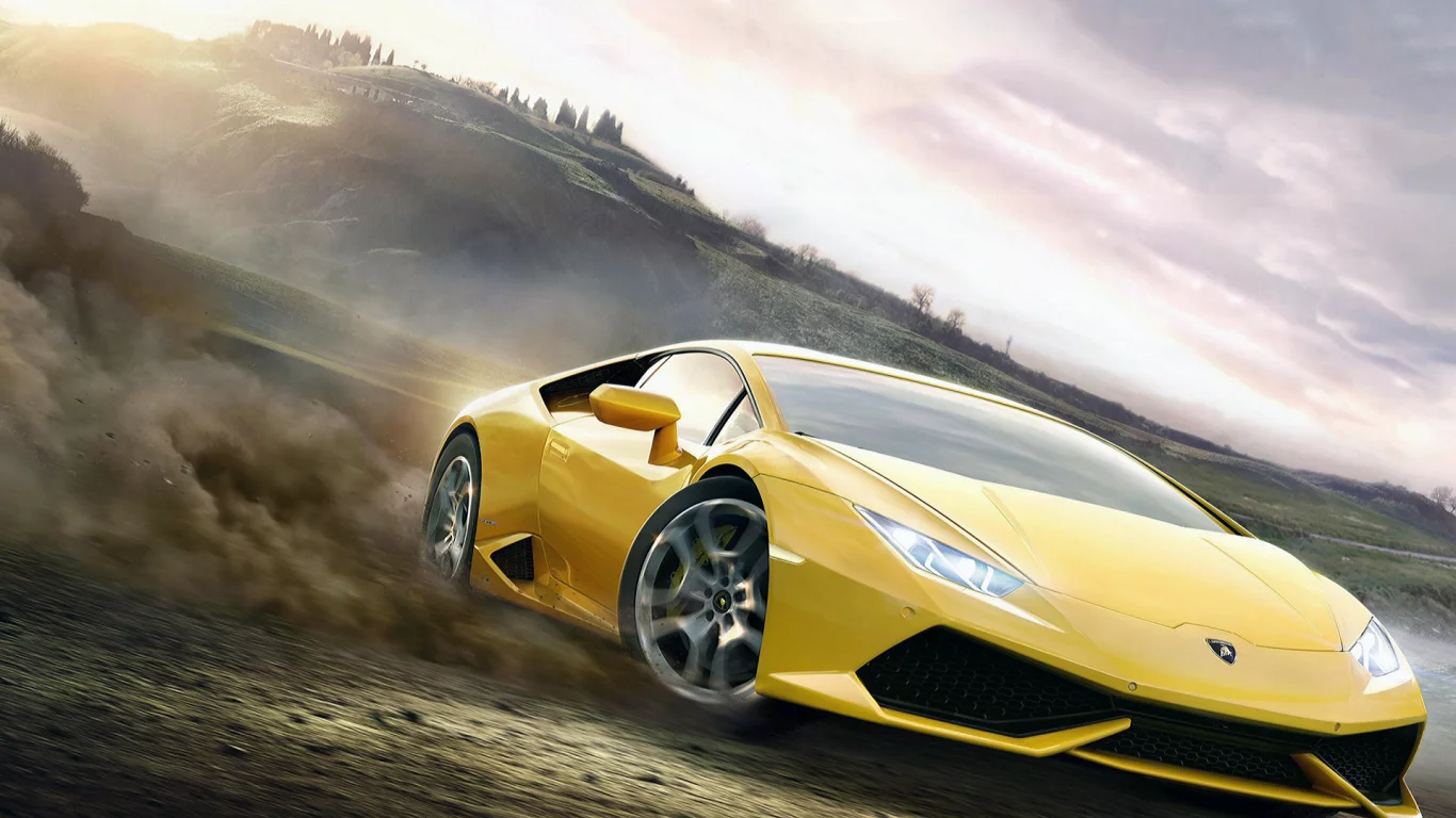Небо, горы, поле, машина, Lamborgini, пыль, игра.