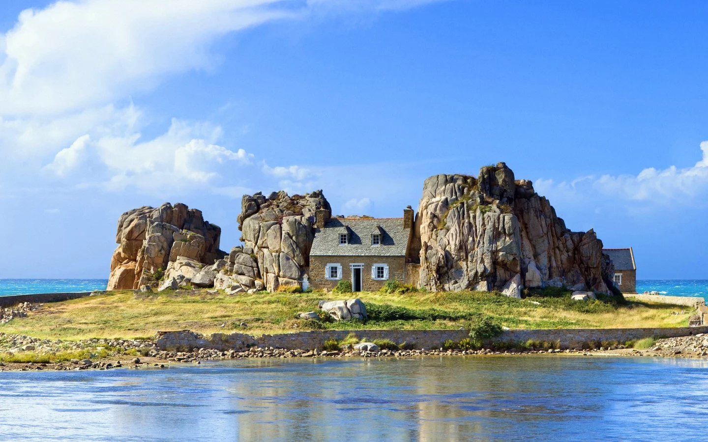 остров, рай, море, скалы, домик, небо