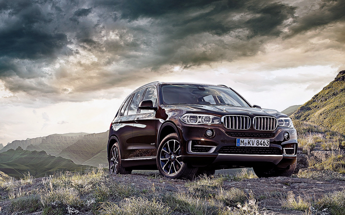 Картинка на рабочий стол Небо, тучи, горы, трава, машина, BMW X5 1440 x 900