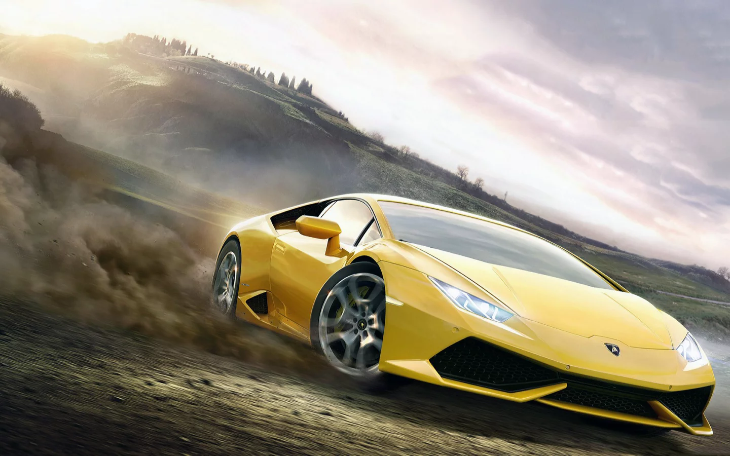 Небо, горы, поле, машина, Lamborgini, пыль, игра.