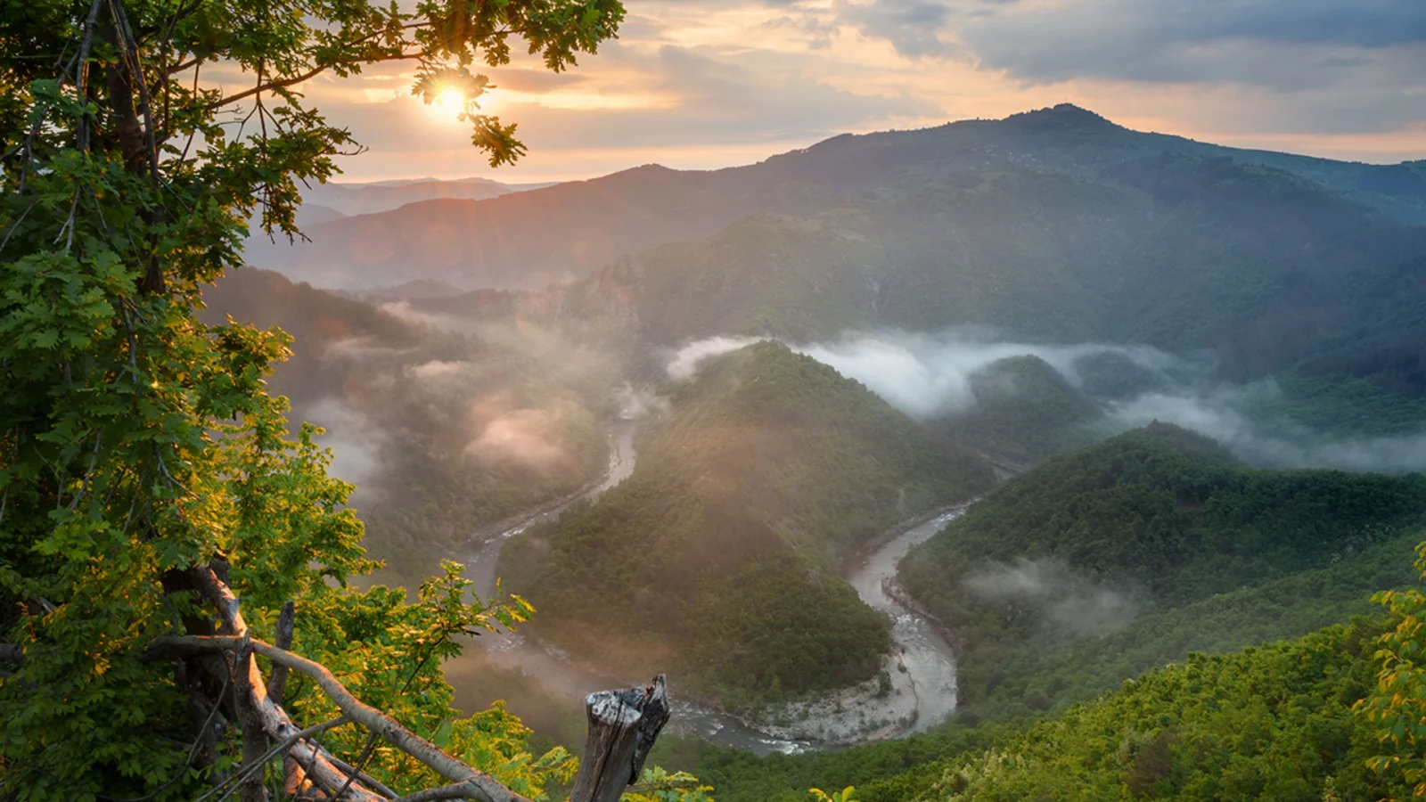 Арда, Родопи, Болгария, река, горы, деревья, лес, небо, облака, природа, пейзаж, туманы, восход, солнце