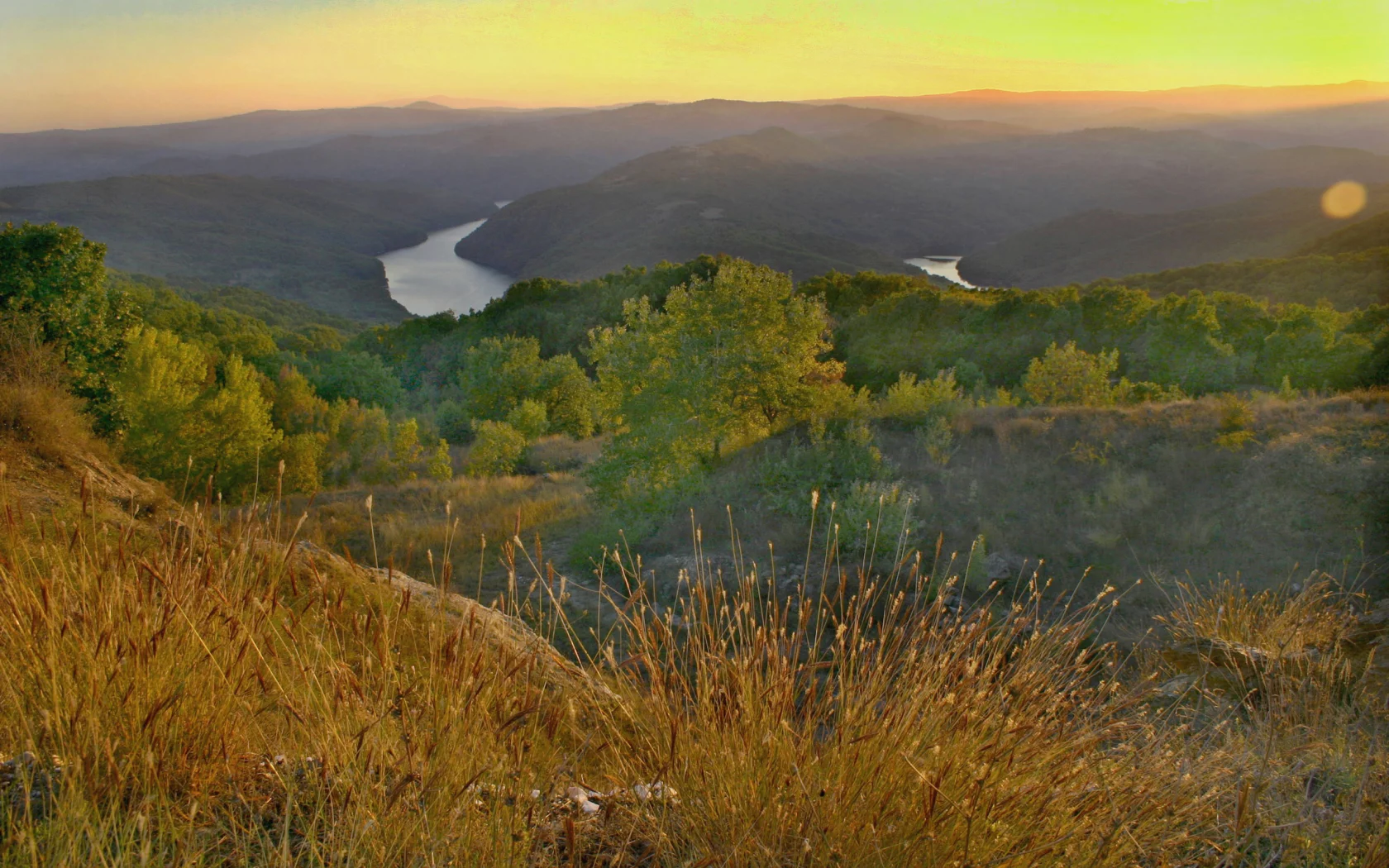Родопи, Болгария, горы, деревья, лес, небо, природа, пейзаж, река, восход