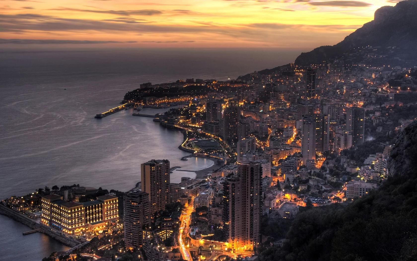 Монте Карло, Княжество Монако, город, Средиземное море, закат, Monte Carlo, Principaute de Monaco