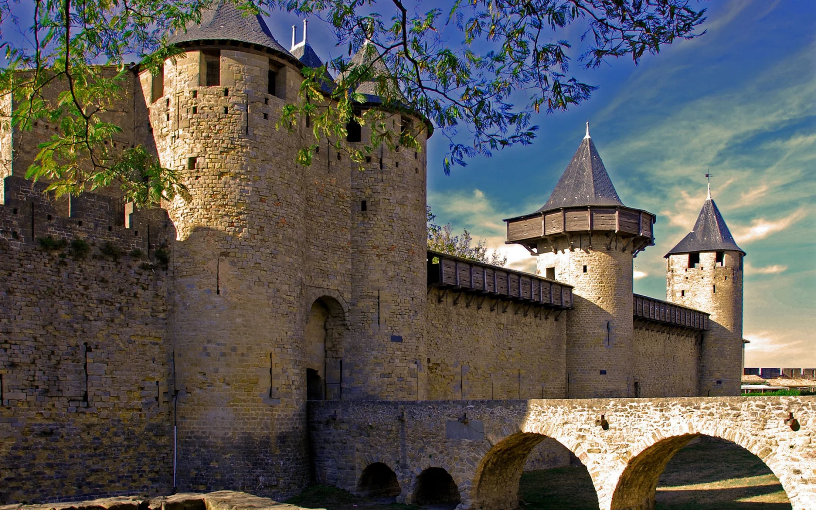 Каркасон, Лангедок-Руссильон, Франция, крепость, замок, небо, мост, Carcassonne, France, castle