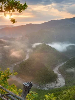 Арда, Родопи, Болгария, река, горы, деревья, лес, небо, облака, природа, пейзаж, туманы, восход, солнце