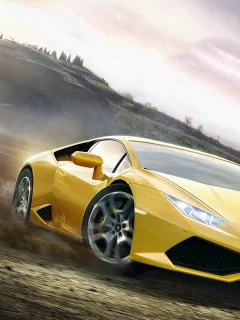 Небо, горы, поле, машина, Lamborgini, пыль, игра.