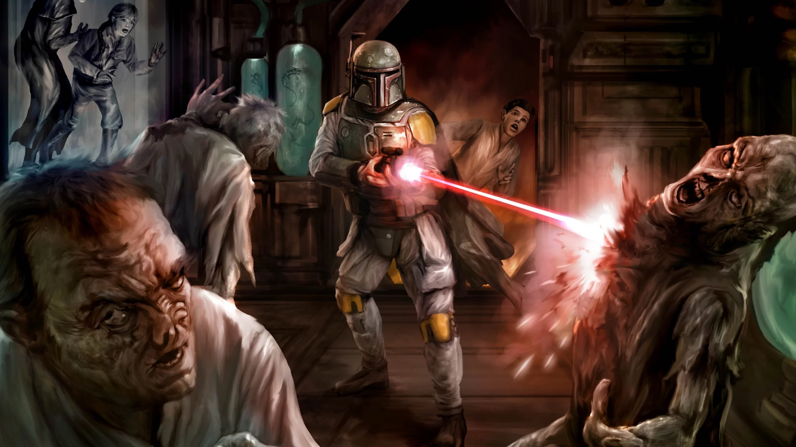 человек, оружие, выстрел, star wars, колбы, монстры, арт