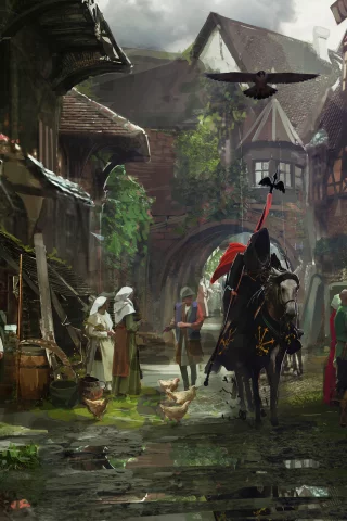 город, medieval town, middle ages, средневековье, knight, улица, horse