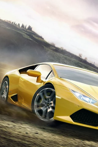 Небо, горы, поле, машина, Lamborgini, пыль, игра.