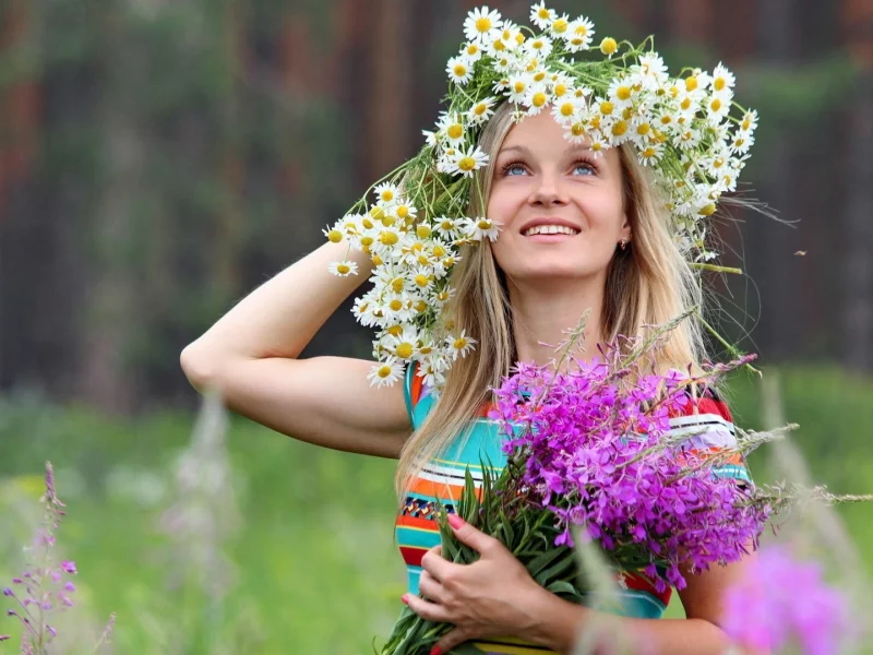 девушка, венок, букет