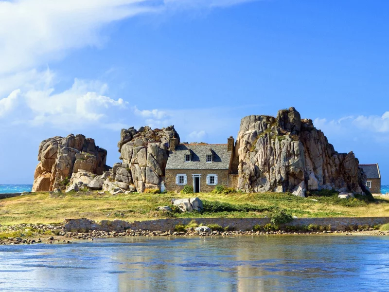 остров, рай, море, скалы, домик, небо
