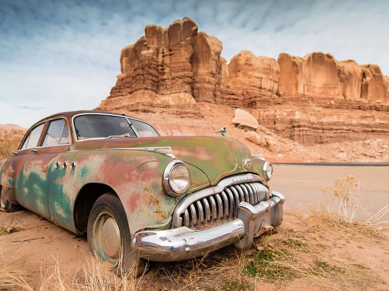 Небо, каньон, скалы, машина, ретро, Buick, ржавая.