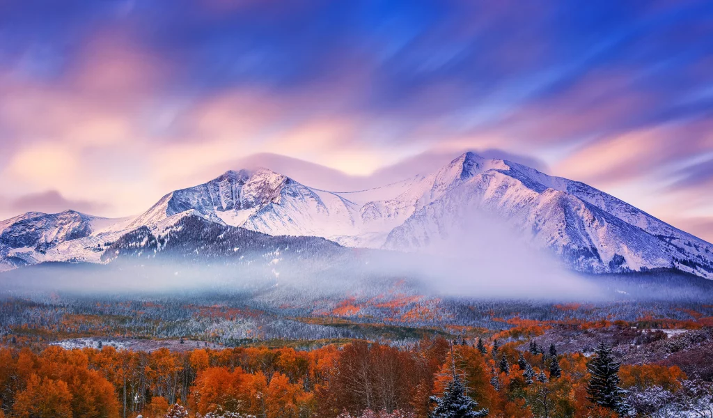 осень, небо, снег, утро, лес, горы