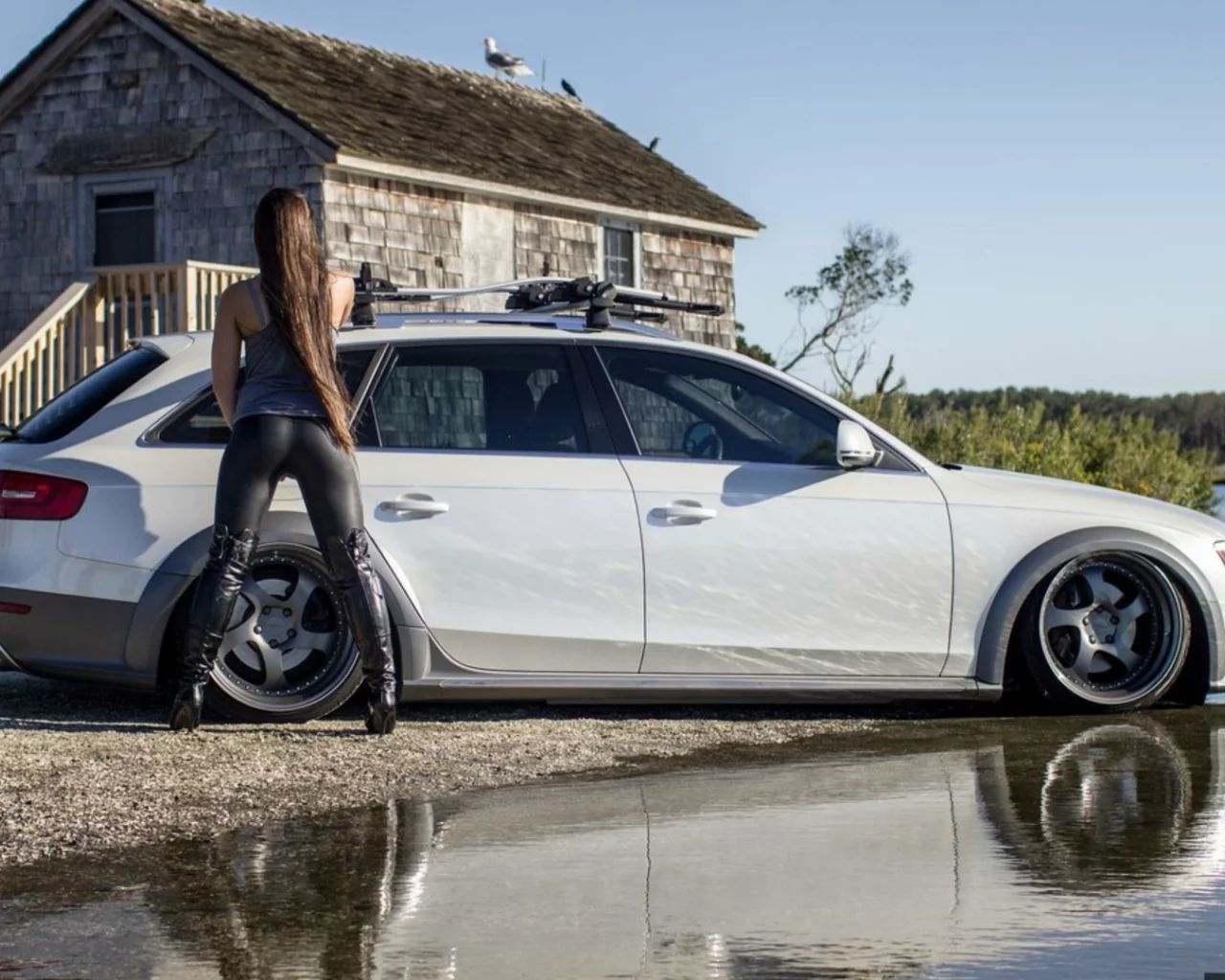 машина, Audi.девушка, дом, залив