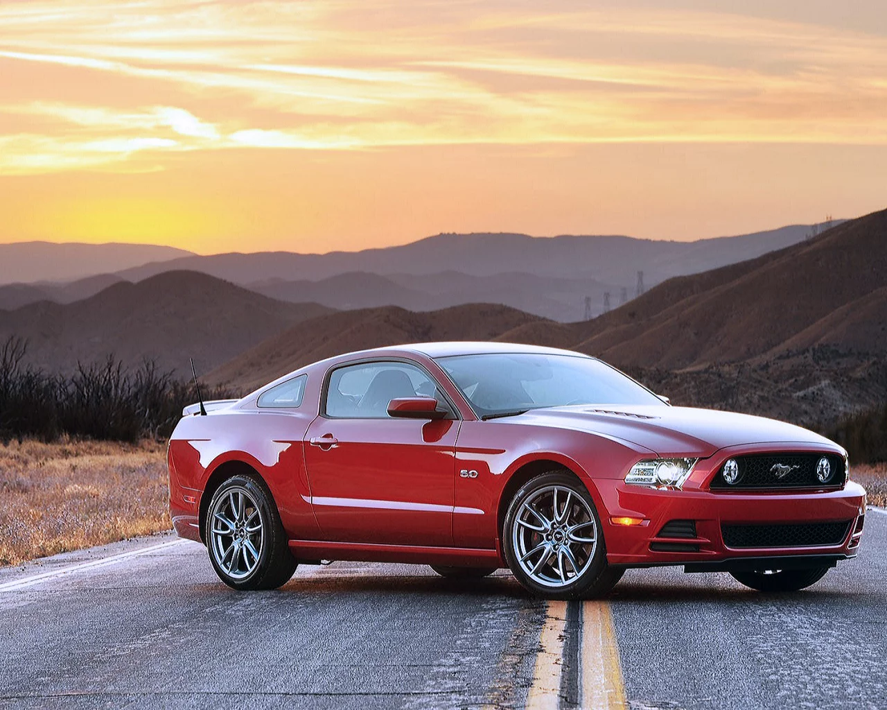 Вечер, закат, трасса, машина, авто, Ford Mustang