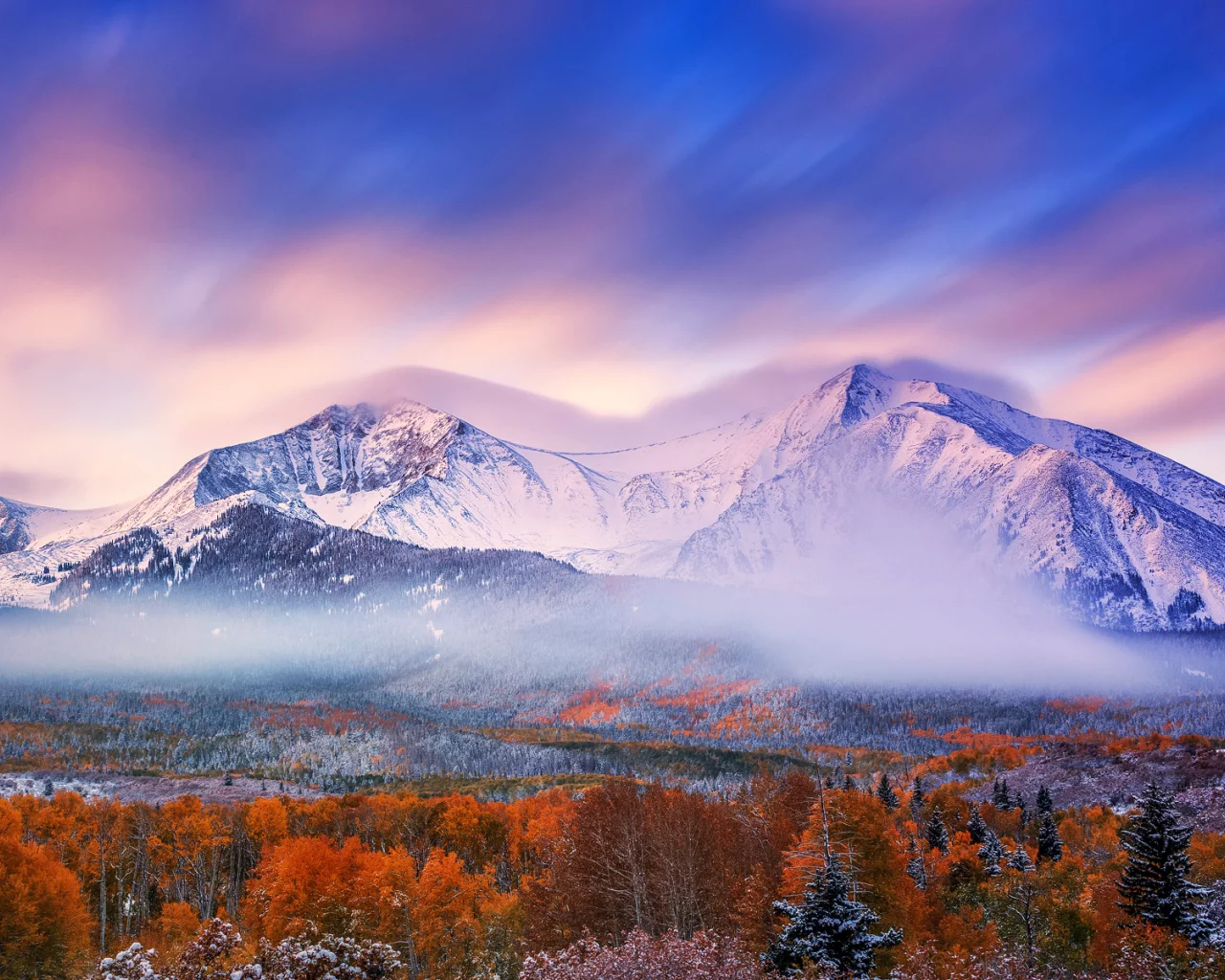 осень, небо, снег, утро, лес, горы