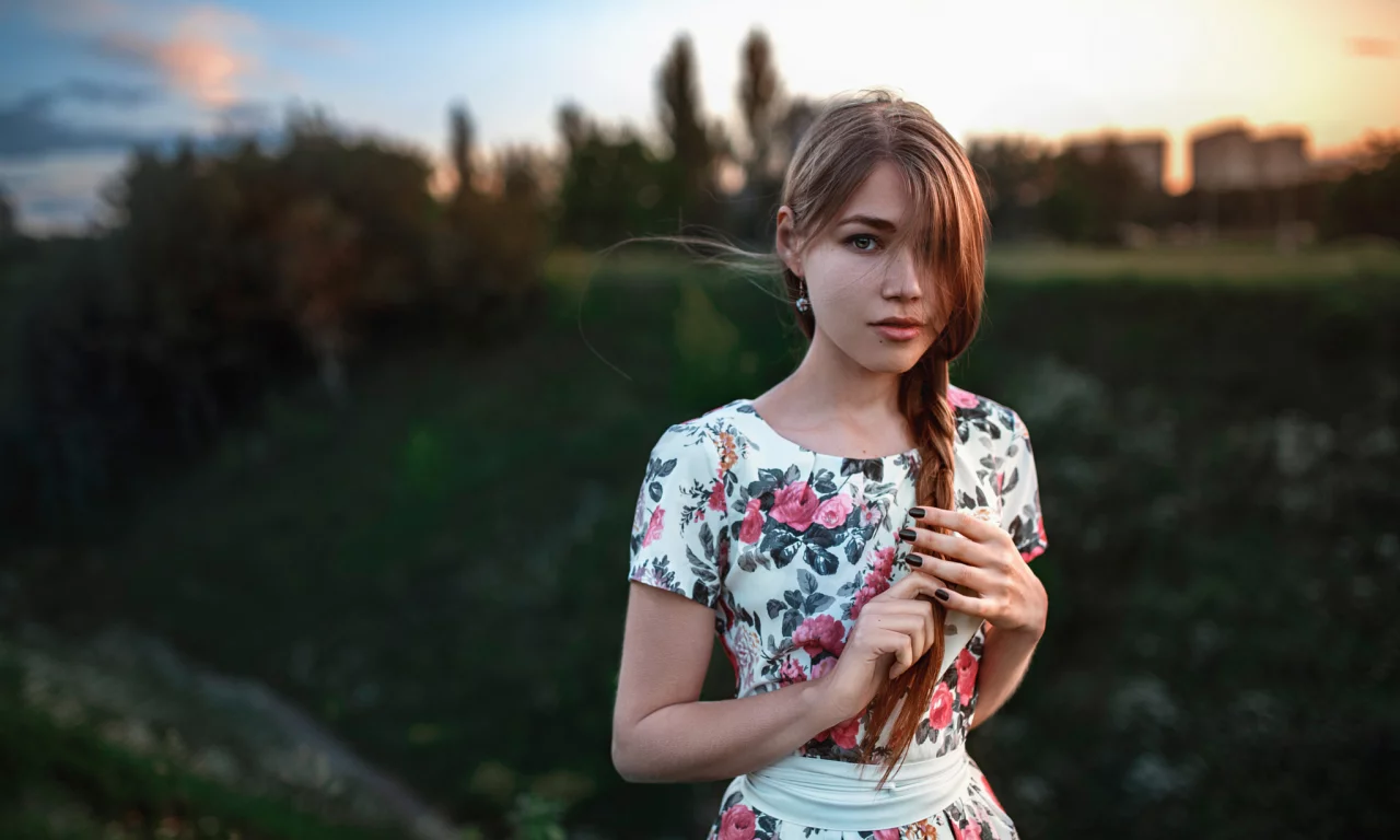 девушка, Маша, Мария, прелесть, платье, коса, закат, Россия, Георгий Чернядьев