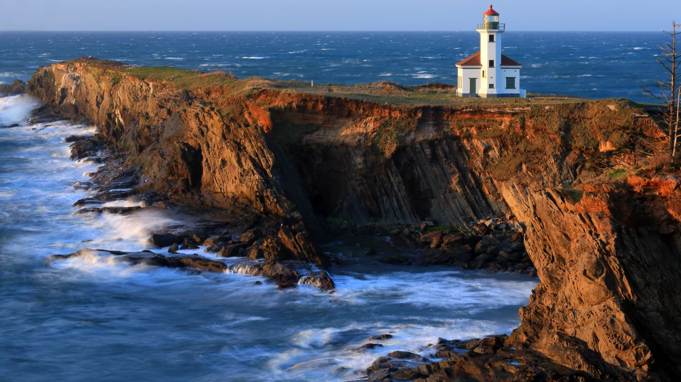 маяк, cape arago lighthouse, побережье, тихий океан, скалы