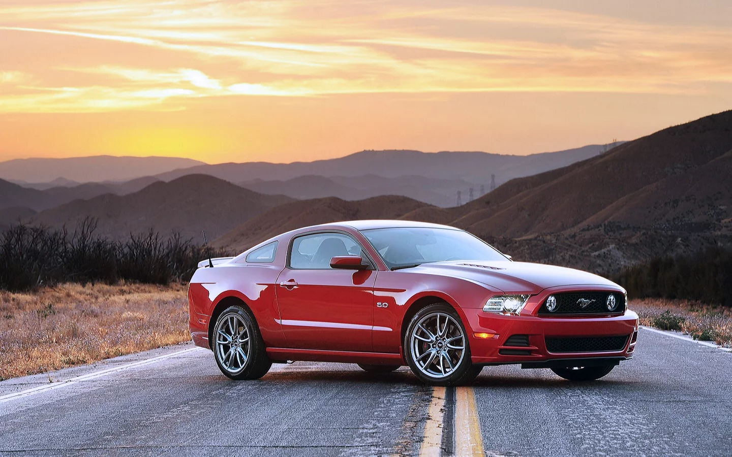 Вечер, закат, трасса, машина, авто, Ford Mustang