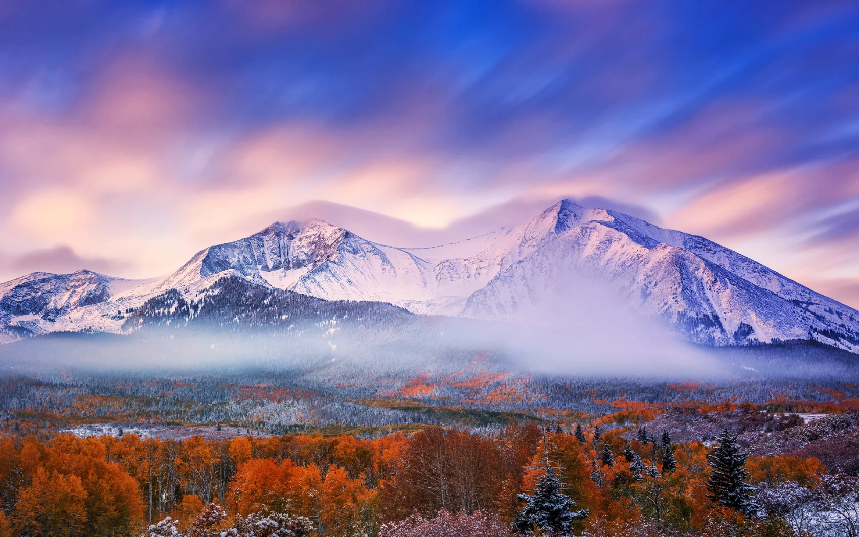 осень, небо, снег, утро, лес, горы