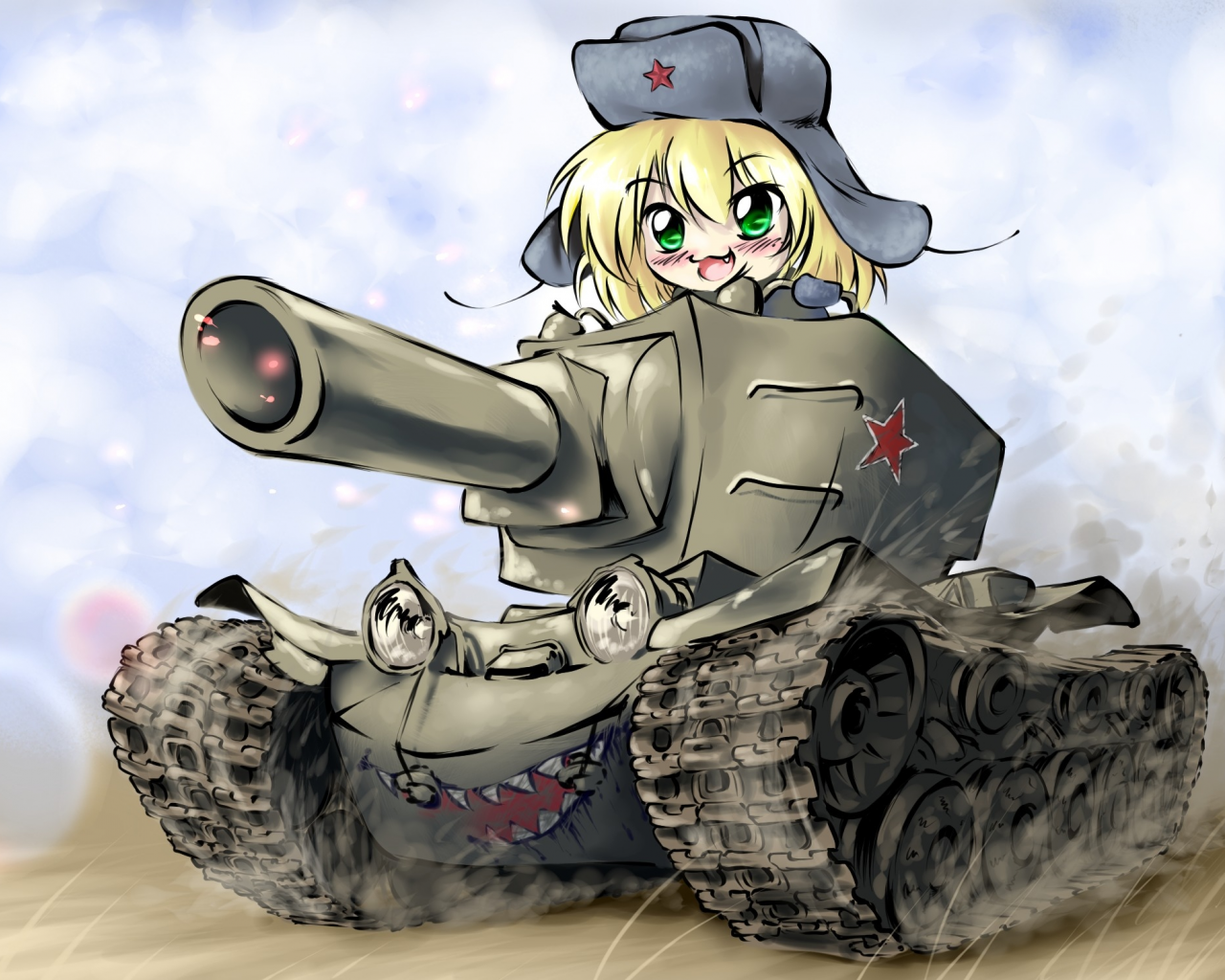 Картинка на рабочий стол девушка, kv-2, танк, chibi, арт 1280 x 1024