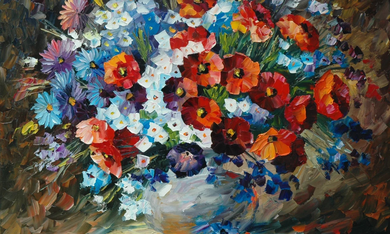 живопись, букет, ваза, картины, leonid afremov, цветы, лепестки