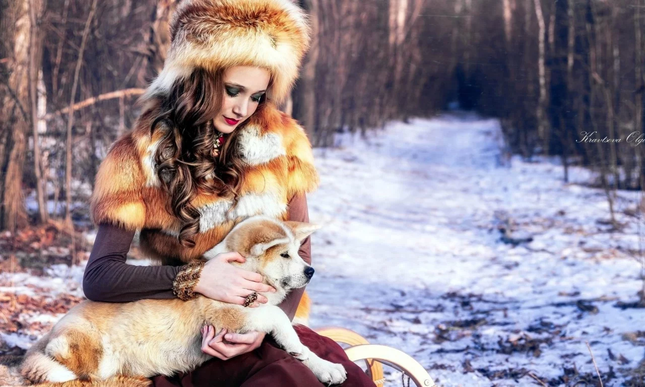 девушка, шапка, собака