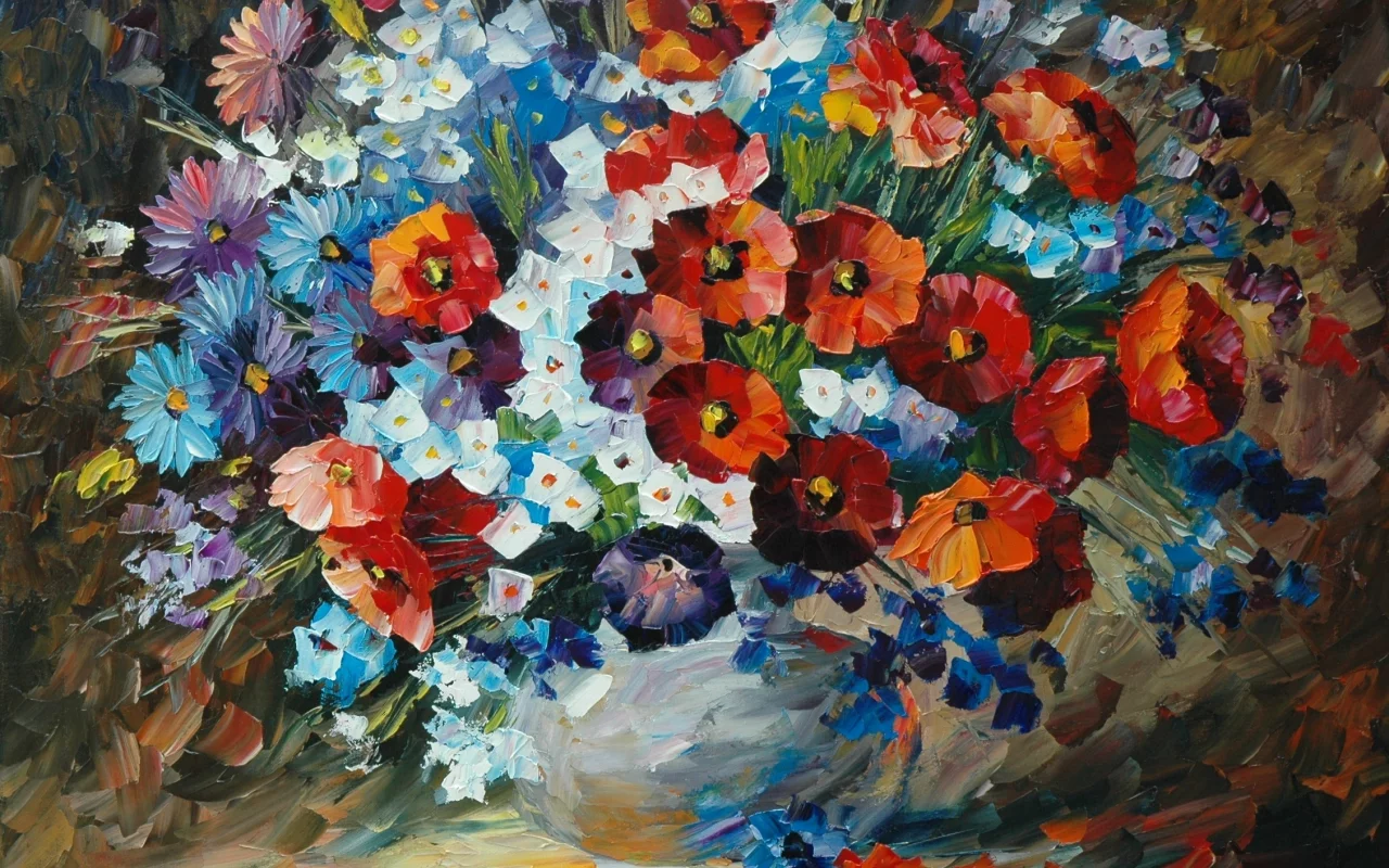 живопись, букет, ваза, картины, leonid afremov, цветы, лепестки