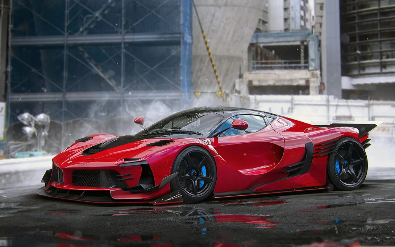 Площадка, асфальт, лужи, авто, Ferarri