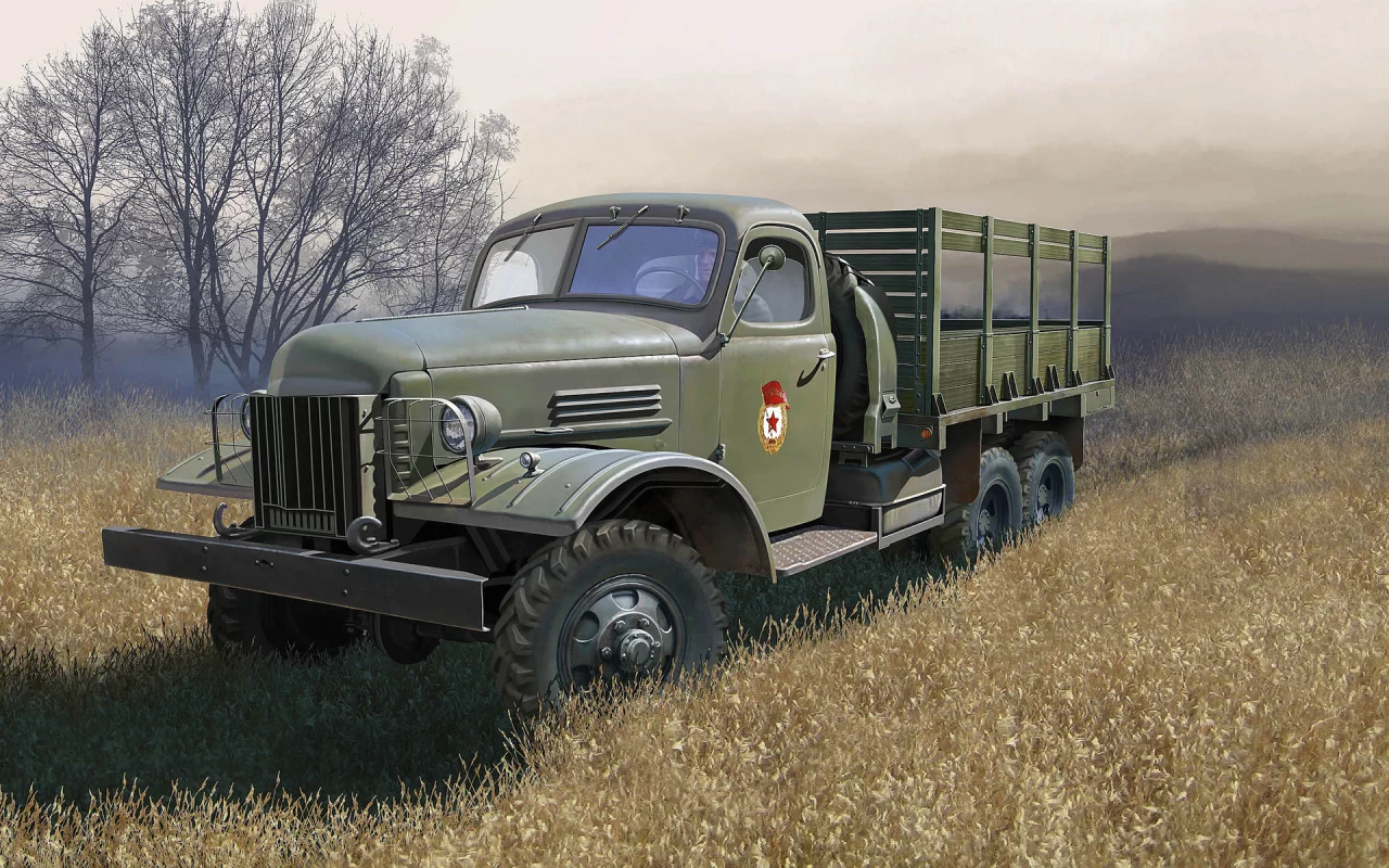 Поле, военный грузовик, ЗИС-151, СССР