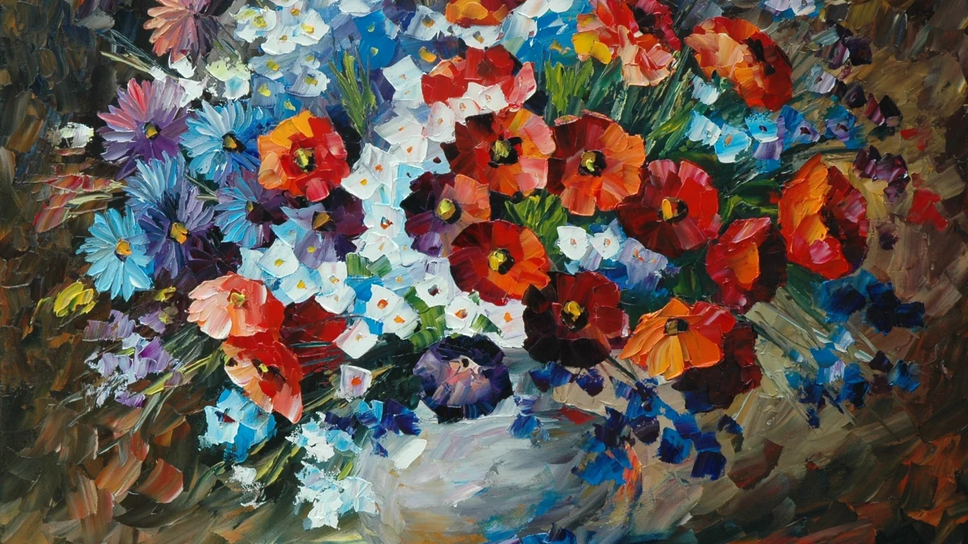 живопись, букет, ваза, картины, leonid afremov, цветы, лепестки