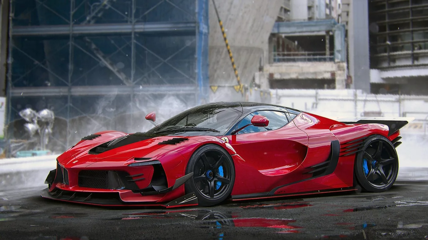 Площадка, асфальт, лужи, авто, Ferarri