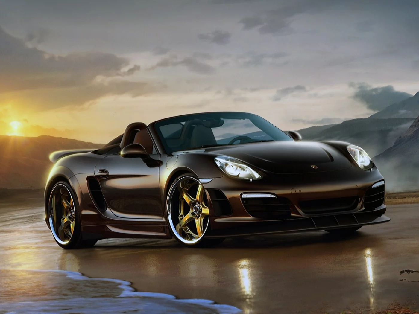 Горы, море, берег, утро, авто, Porche Carrera.