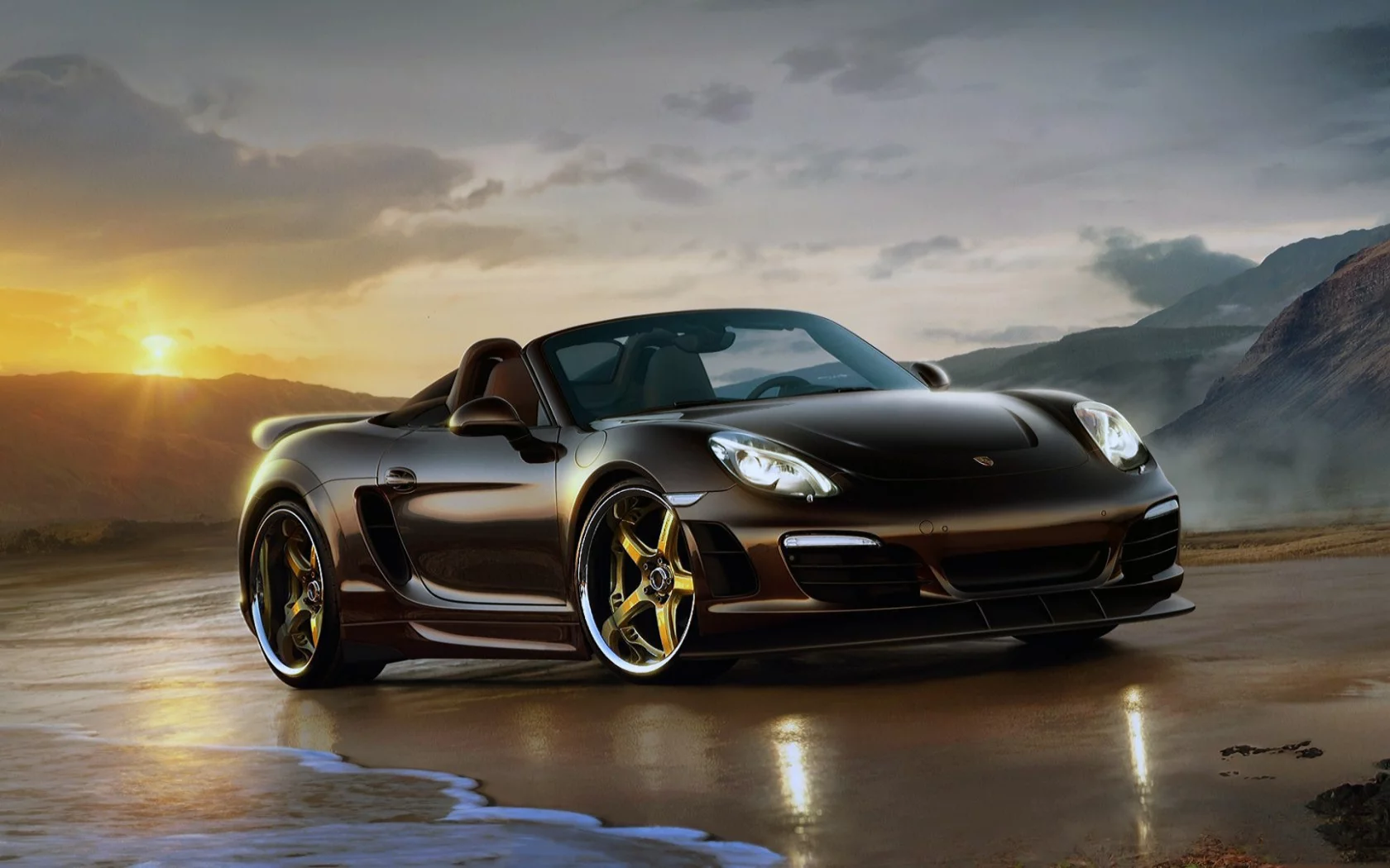 Горы, море, берег, утро, авто, Porche Carrera.