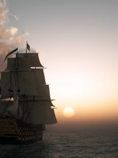 Небо, облака, Солнце, море, корабль, парусник.