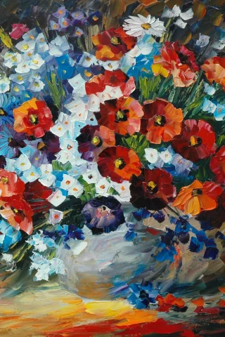 живопись, букет, ваза, картины, leonid afremov, цветы, лепестки