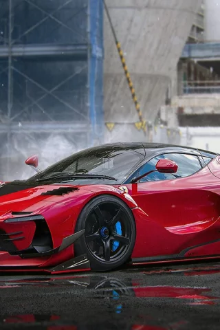 Площадка, асфальт, лужи, авто, Ferarri